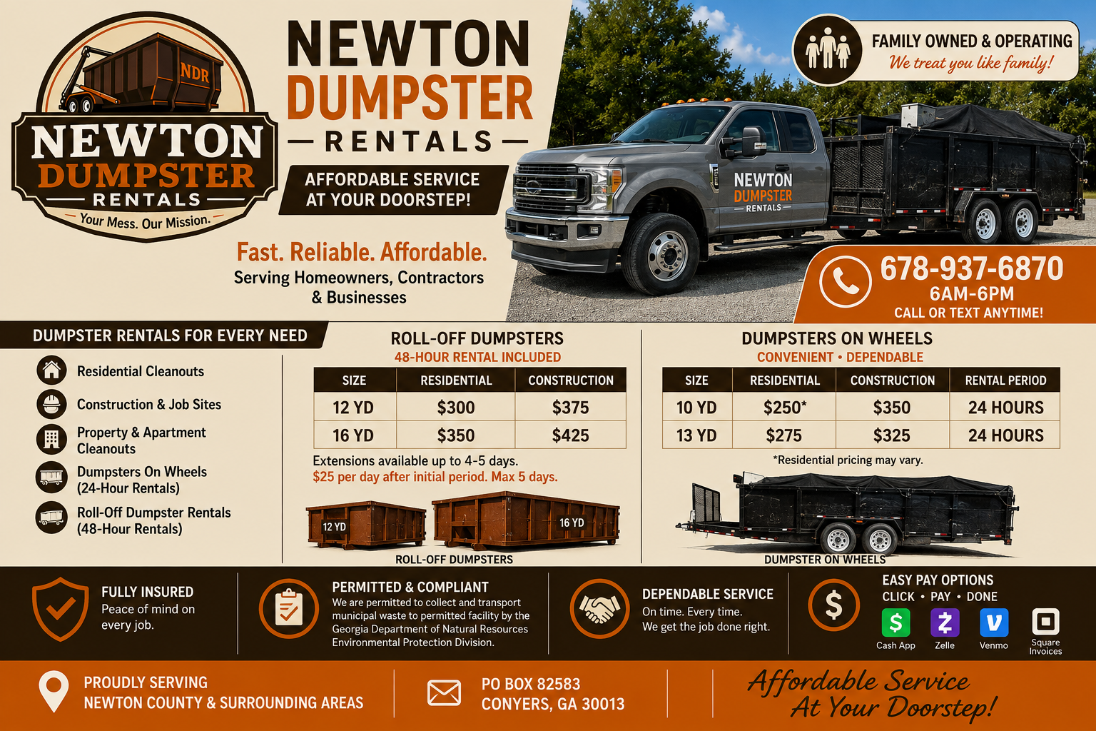 Newton Dumpster Rentals service and pricing flyer, featuring our truck, roll-off dumpsters, and dumpsters on wheels